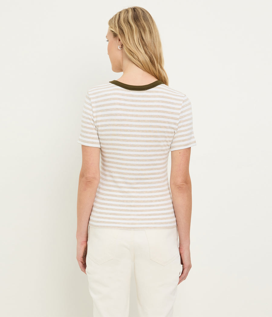 Jenny Striped Ribbed Ringer Tee in Oatmeal Beige Striped White Back View #OATMEAL CAPER STRIPE