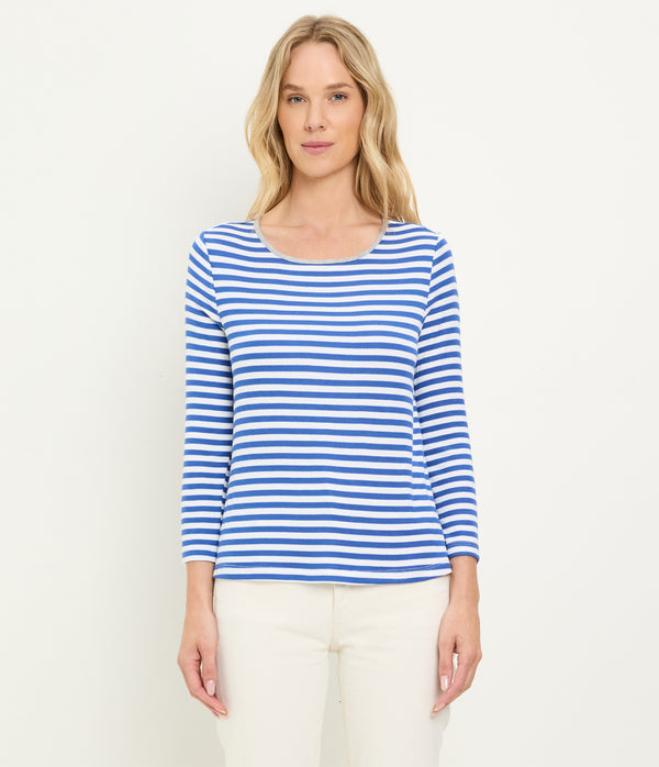 Amelee Striped Ribbed Boat Neck Tee in Blue Blue Ribbon Striped White Full Body View #BLUE RIBBON GREY STRIPE