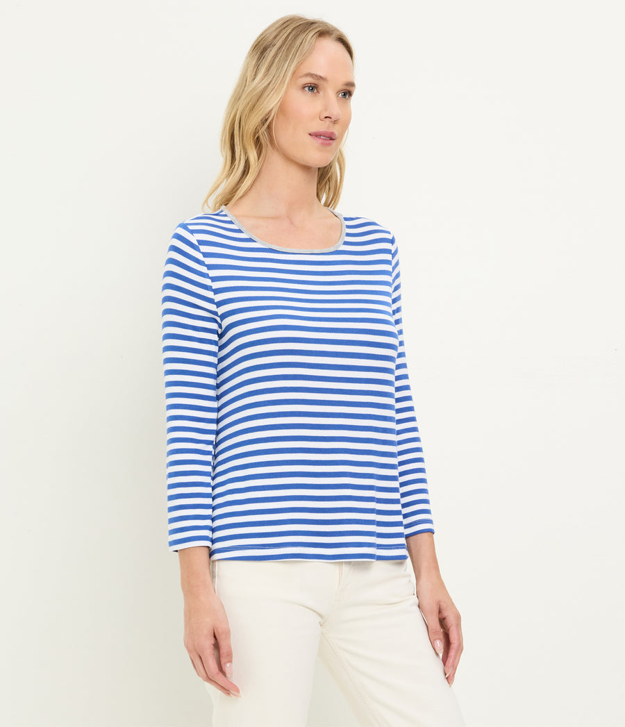 Amelee Striped Ribbed Boat Neck Tee in Blue Blue Ribbon Striped White Side View #BLUE RIBBON GREY STRIPE