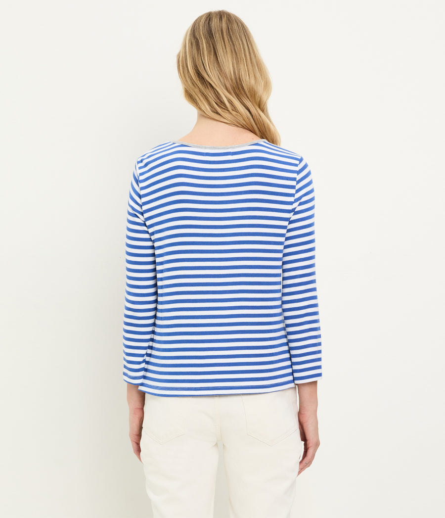 Amelee Striped Ribbed Boat Neck Tee in Blue Blue Ribbon Striped White Back View #BLUE RIBBON GREY STRIPE