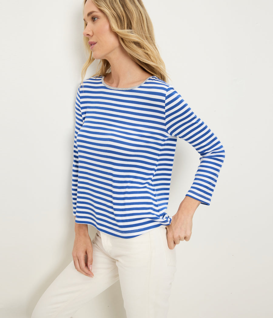 Amelee Striped Ribbed Boat Neck Tee in Blue Blue Ribbon Striped White Side View #BLUE RIBBON GREY STRIPE