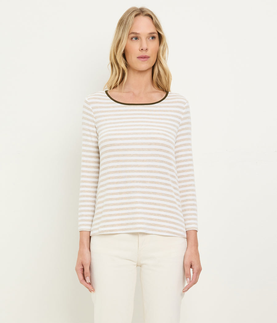 Amelee Striped Ribbed Boat Neck Tee in Oatmeal Beige Striped White Full Body View #OATMEAL CAPER STRIPE