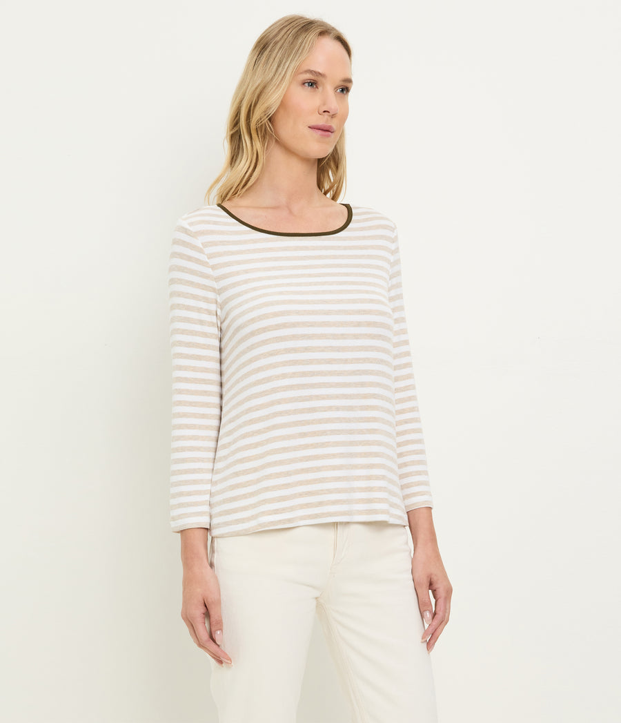Amelee Striped Ribbed Boat Neck Tee in Oatmeal Beige Striped White Side View #OATMEAL CAPER STRIPE
