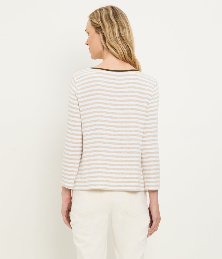 Amelee Striped Ribbed Boat Neck Tee in Oatmeal Beige Striped White Back View #OATMEAL CAPER STRIPE