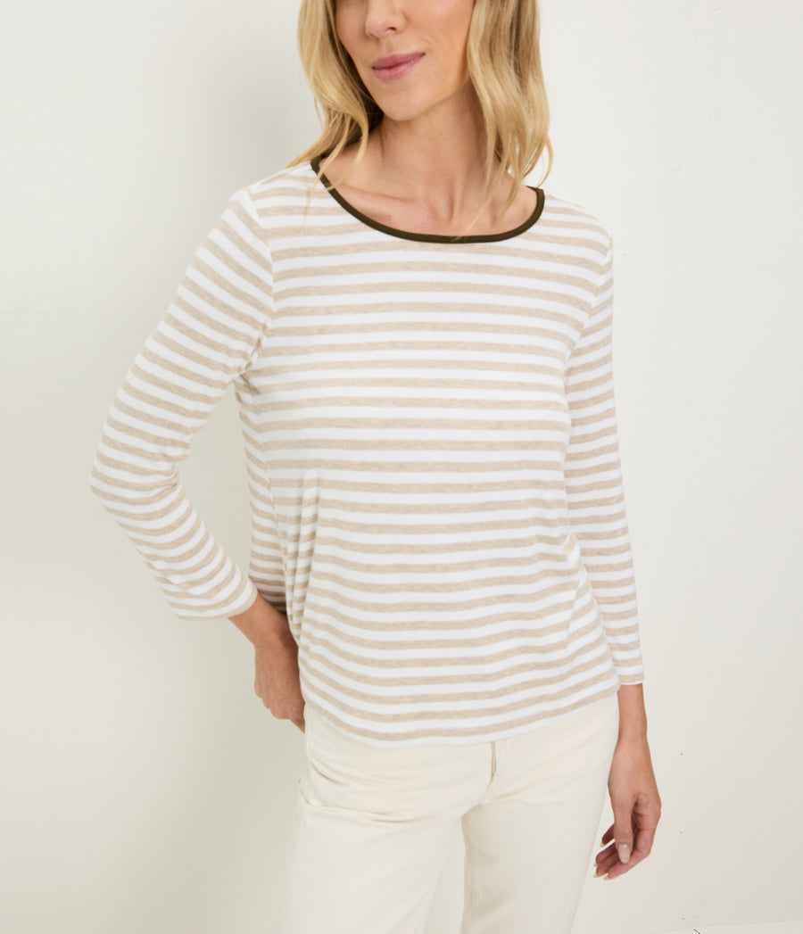 Amelee Striped Ribbed Boat Neck Tee in Oatmeal Beige Striped White Close up View #OATMEAL CAPER STRIPE