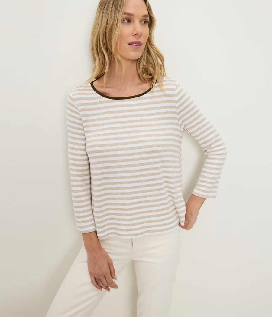 Amelee Striped Ribbed Boat Neck Tee in Oatmeal Beige Striped White Full Body View #OATMEAL CAPER STRIPE