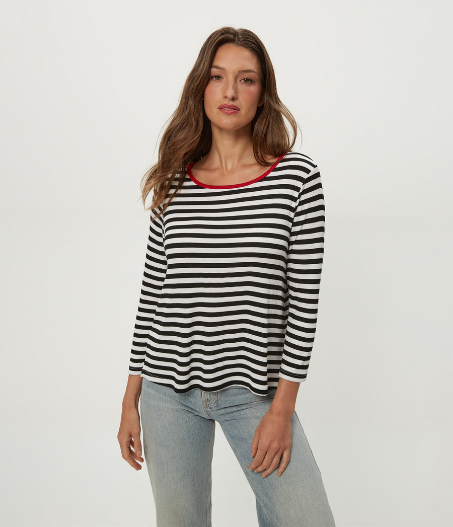 Amelee Striped Ribbed Boat Neck Tee in Black Striped White Close up View #BLACK LACQUER STRIPE