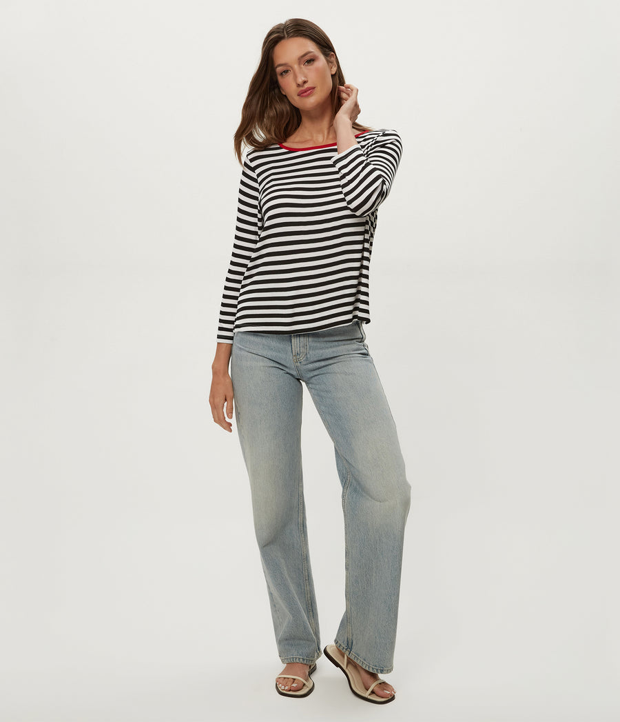 Amelee Striped Ribbed Boat Neck Tee in Black Striped White Full Body View #BLACK LACQUER STRIPE
