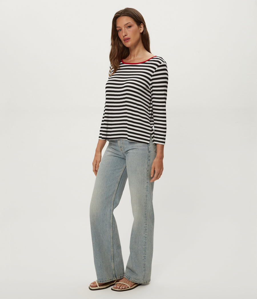 Amelee Striped Ribbed Boat Neck Tee in Black Striped White Side View #BLACK LACQUER STRIPE