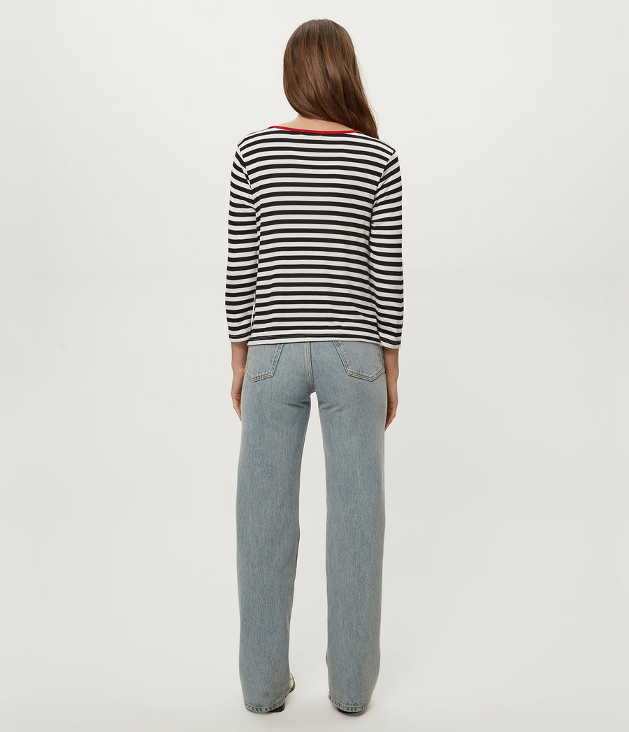Amelee Striped Ribbed Boat Neck Tee in Black Striped White Back View #BLACK LACQUER STRIPE