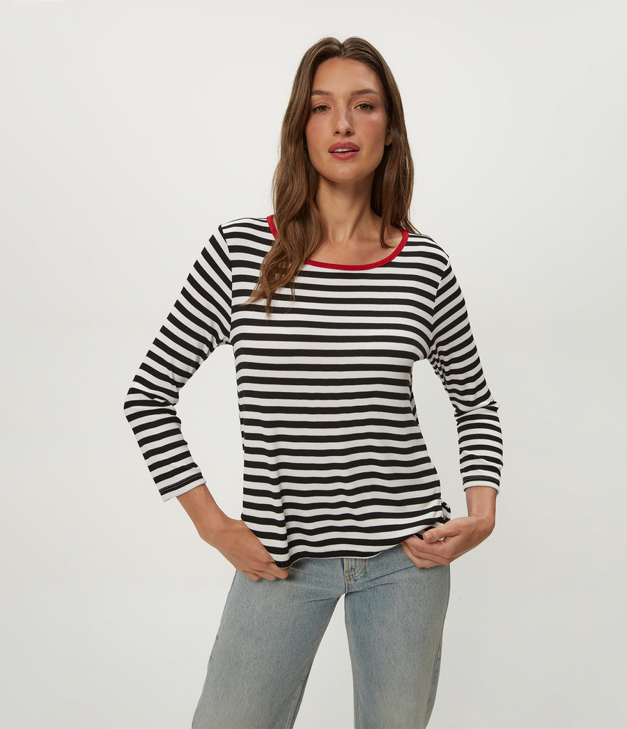 Amelee Striped Ribbed Boat Neck Tee in Black Striped White Close up View #BLACK LACQUER STRIPE