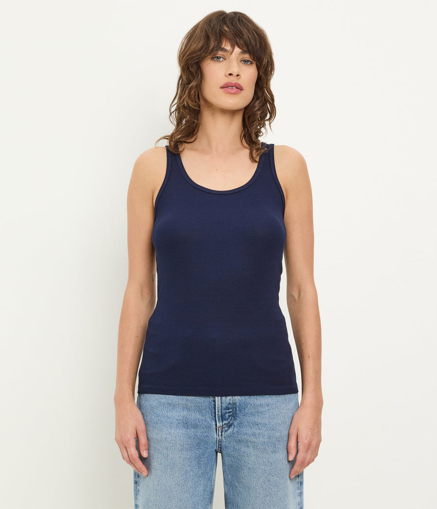 Breken Boyfriend Tank in Nocturnal Blue Close up View  #NOCTURNAL
