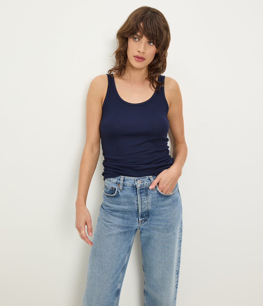 Breken Boyfriend Tank in Nocturnal Blue Close up View  #NOCTURNAL
