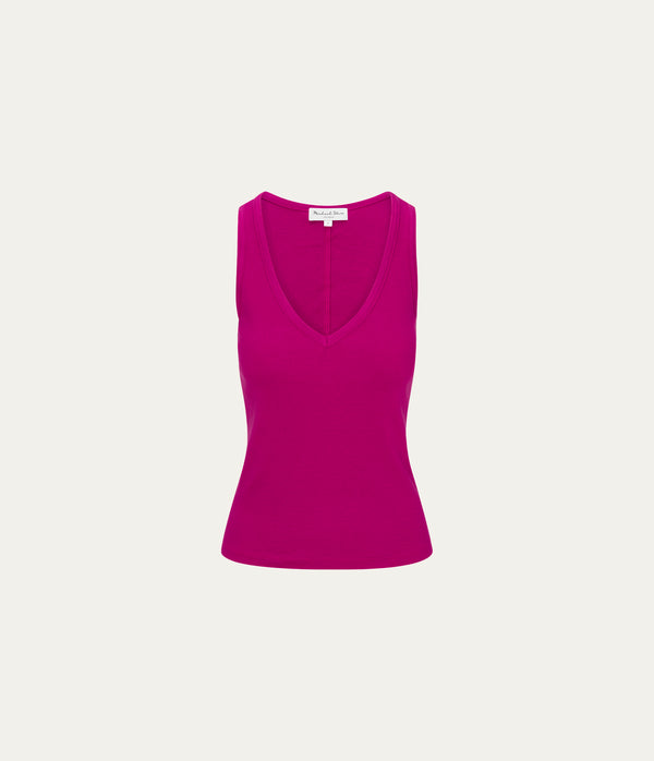Ivara Racerback Tank in FRENCH ROSE RED Close Up View  #FRENCH ROSE