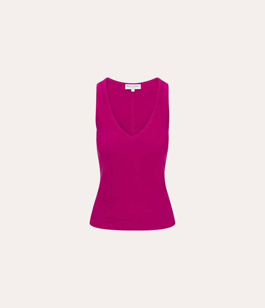 Ivara Racerback Tank in FRENCH ROSE RED Close Up View  #FRENCH ROSE