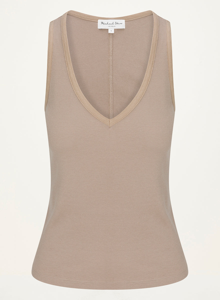 Ivara Racerback Tank in  MACADAMIA Beige Close up View #MACADAMIA