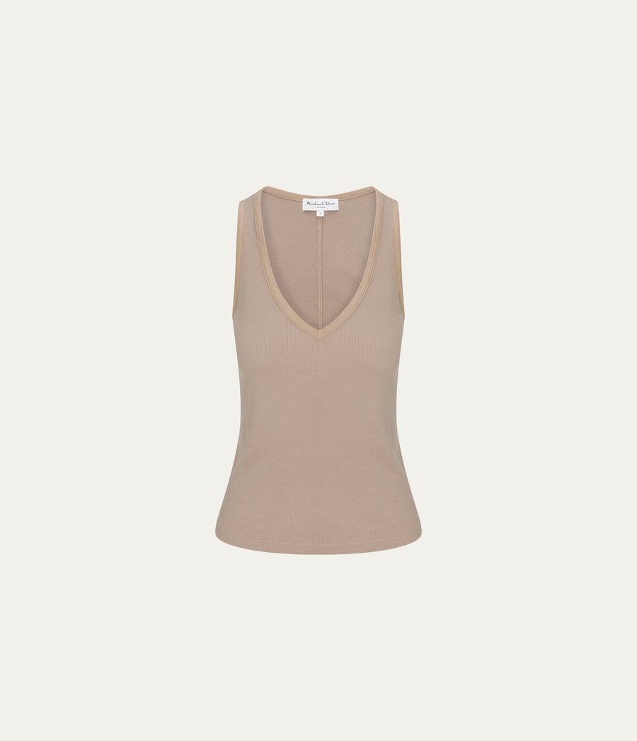 Ivara Racerback Tank in  MACADAMIA Beige Close up View #MACADAMIA