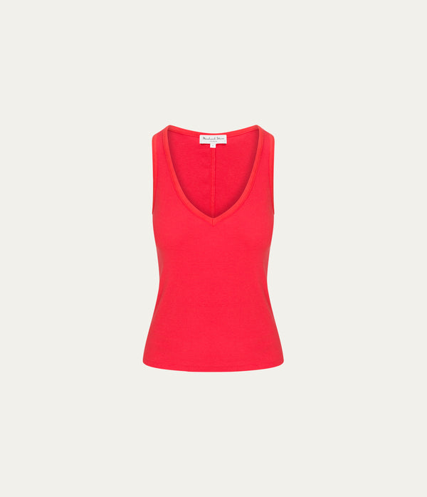 Ivara Racerback Tank in SAMBA RED Close up View #SAMBA
