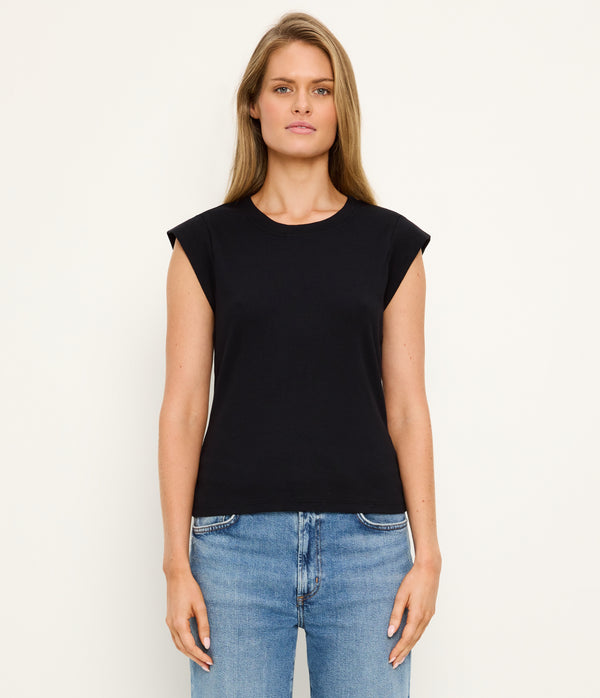 Rhea Power Shoulder Tee in Black Full Body View #BLACK