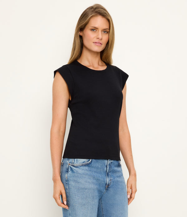 Rhea Power Shoulder Tee in Black Side View #BLACK
