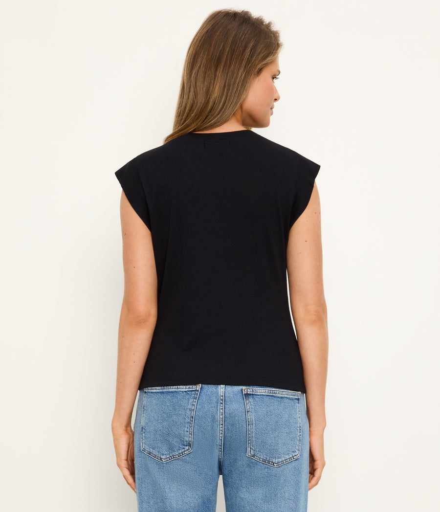 Rhea Power Shoulder Tee in Black Back View  #BLACK