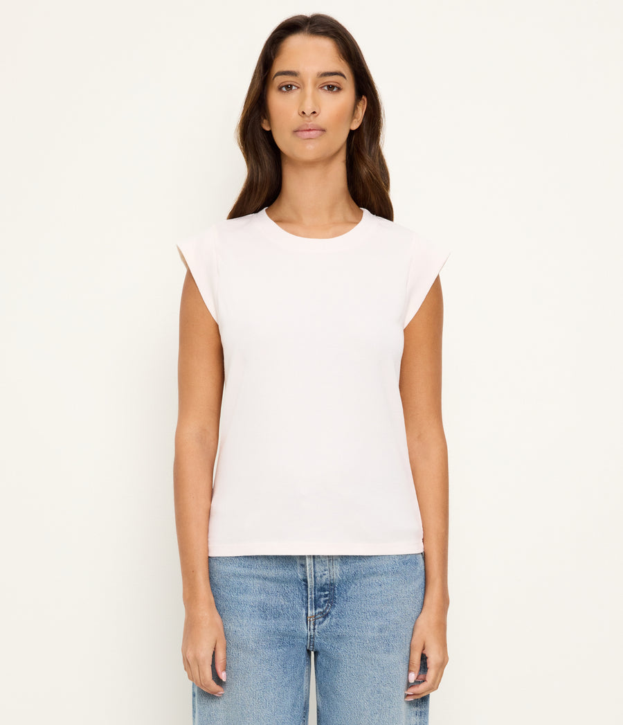 Rhea Power Shoulder Tee in Chalk White Full Body View #CHALK
