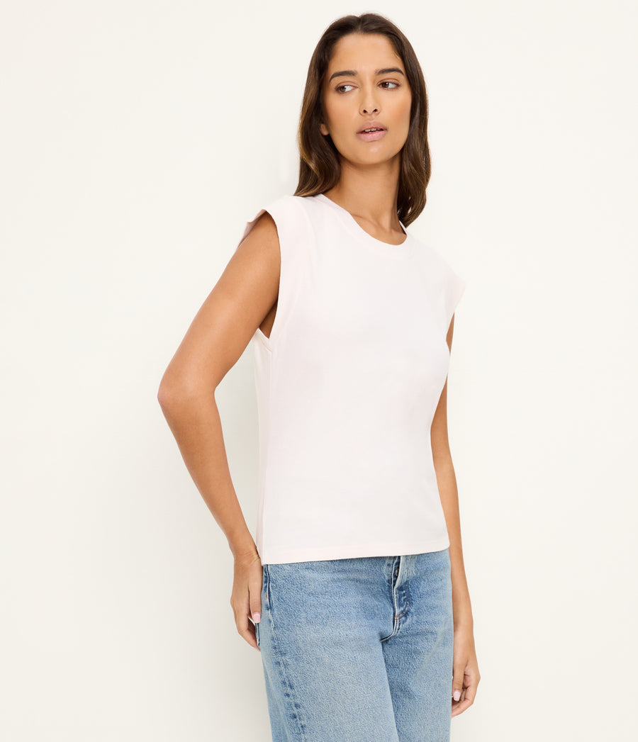 Rhea Power Shoulder Tee in Chalk White Side View #CHALK