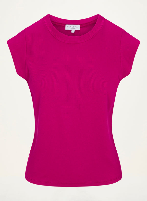 Rhea Power Shoulder Tee in FRENCH ROSE RED Close Up View  #FRENCH ROSE