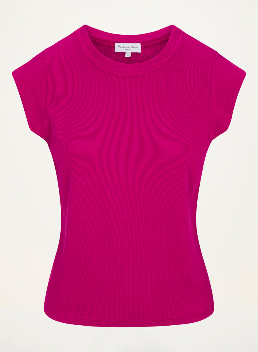 Rhea Power Shoulder Tee in FRENCH ROSE RED Close Up View  #FRENCH ROSE