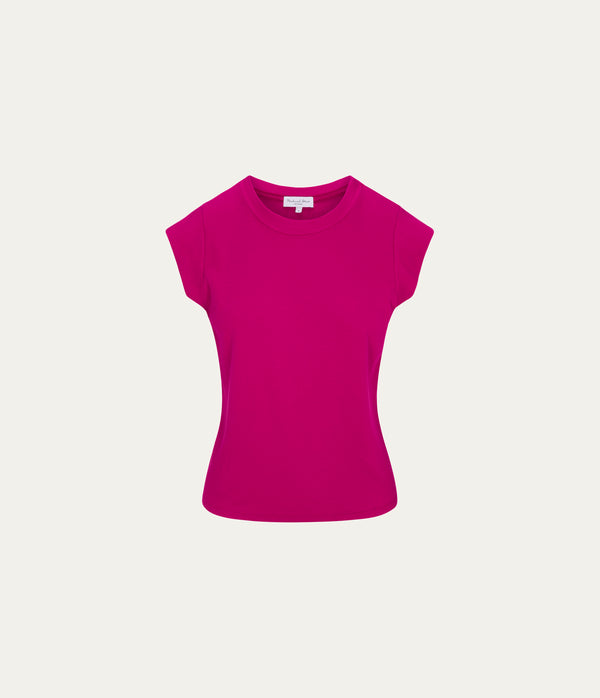 Rhea Power Shoulder Tee in FRENCH ROSE RED Close Up View  #FRENCH ROSE