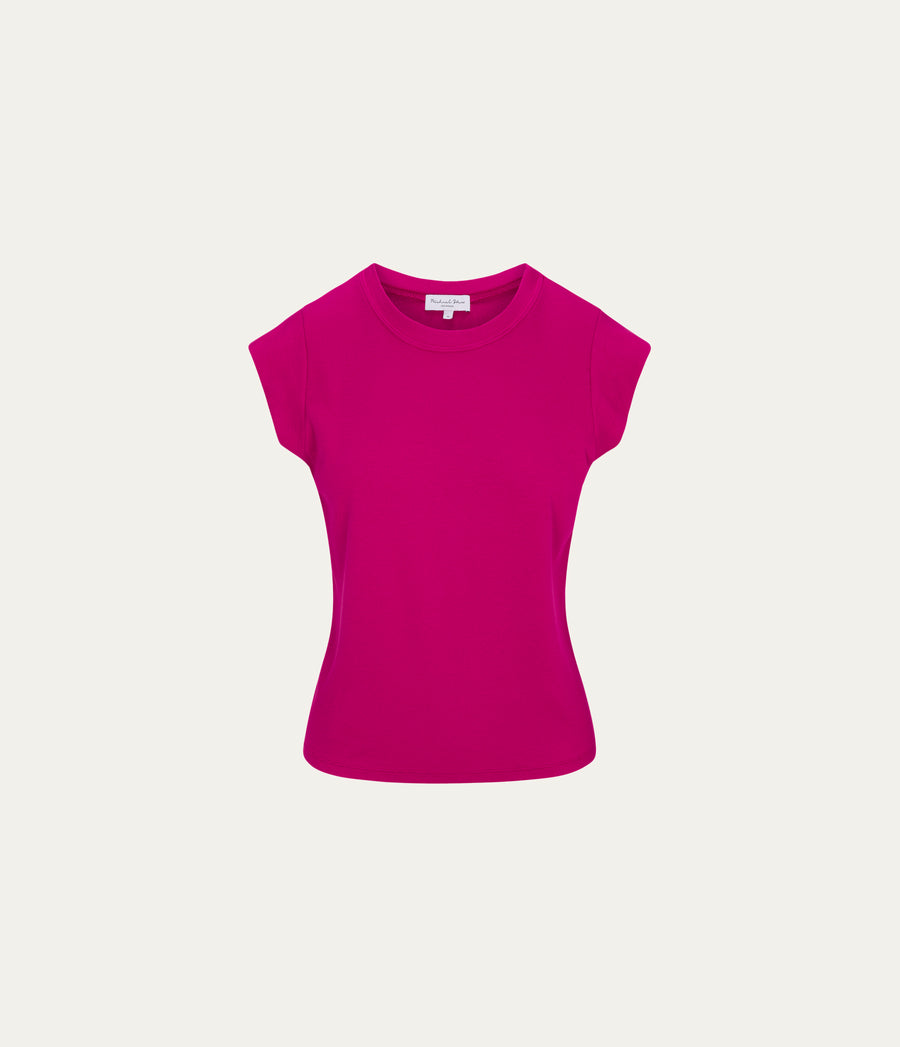 Rhea Power Shoulder Tee in FRENCH ROSE RED Close Up View  #FRENCH ROSE