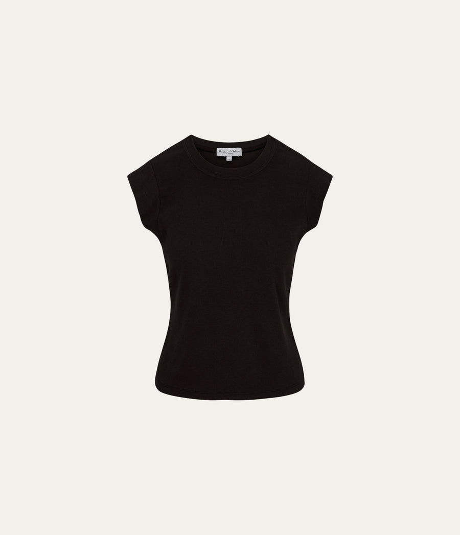Rhea Power Shoulder Tee in Java Brown Close Up View#JAVA