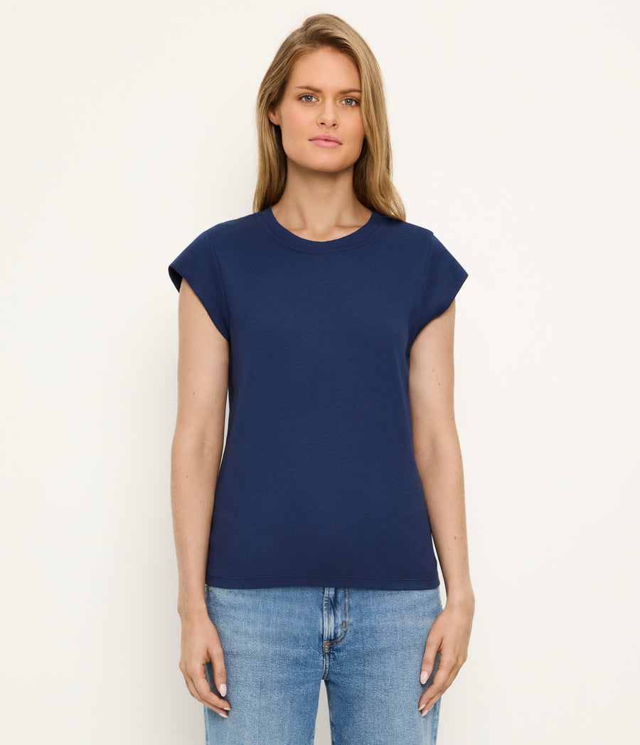 Rhea Power Shoulder Tee in Nocturnal Blue Full Body View #NOCTURNAL