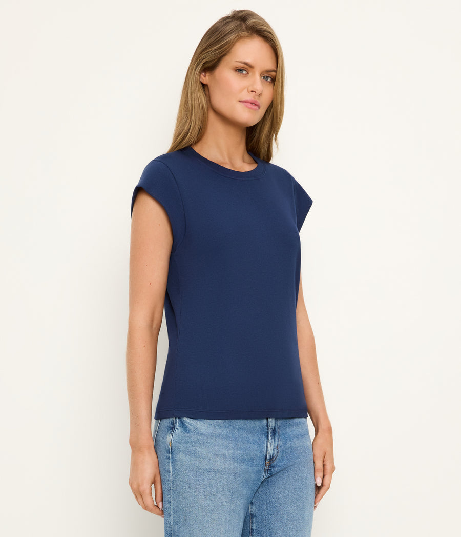Rhea Power Shoulder Tee in Nocturnal Blue Side View #NOCTURNAL