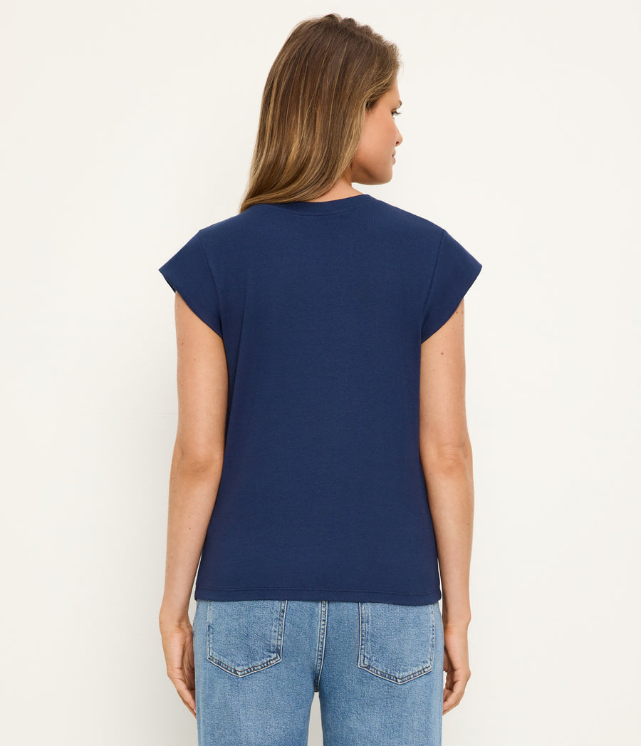 Rhea Power Shoulder Tee in Nocturnal Blue Back View  #NOCTURNAL