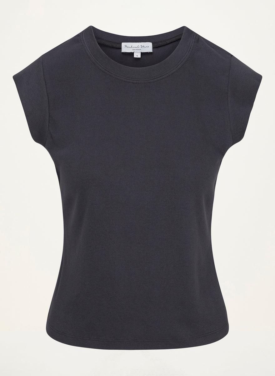 Rhea Power Shoulder Tee in Oxide Grey  Close up View #OXIDE