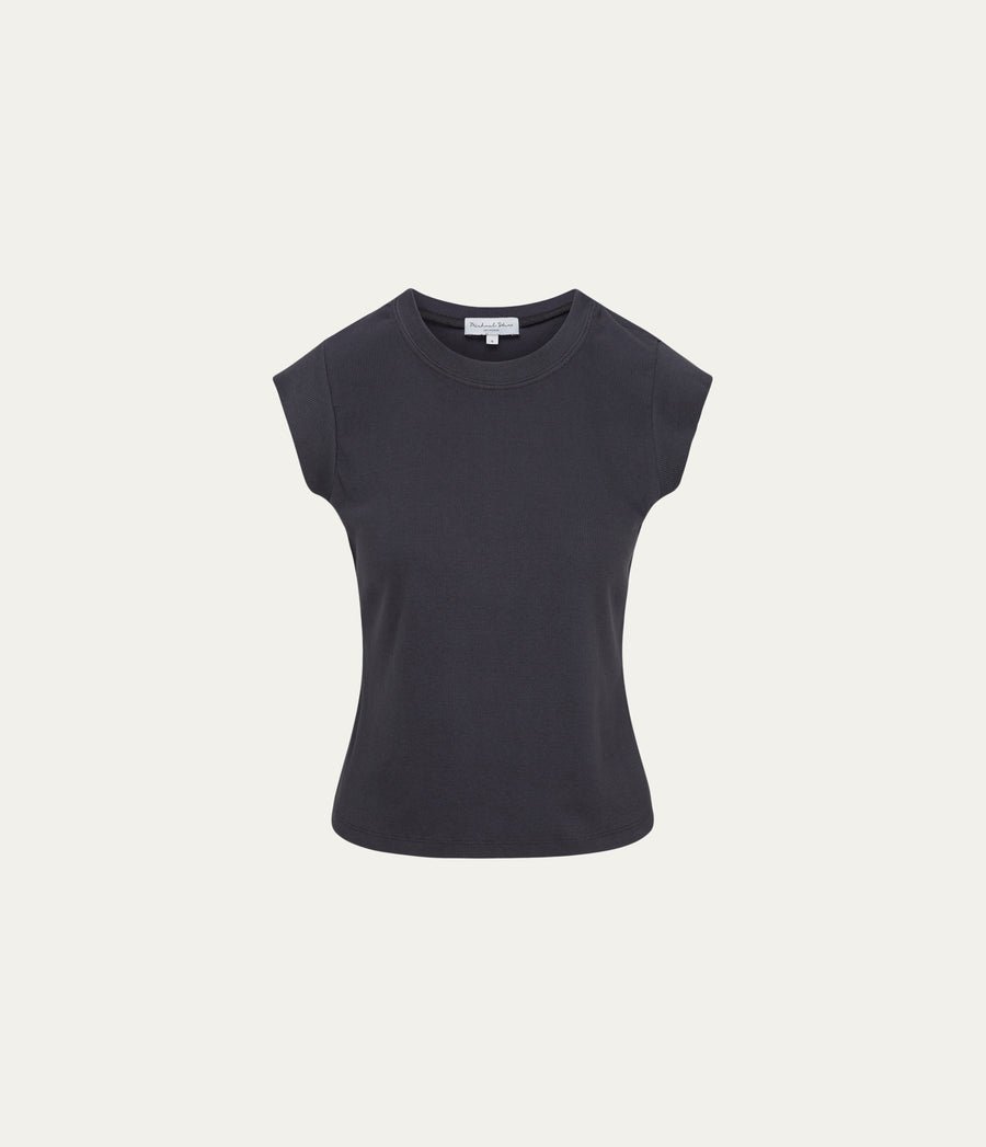 Rhea Power Shoulder Tee in Oxide Grey  Close up View #OXIDE