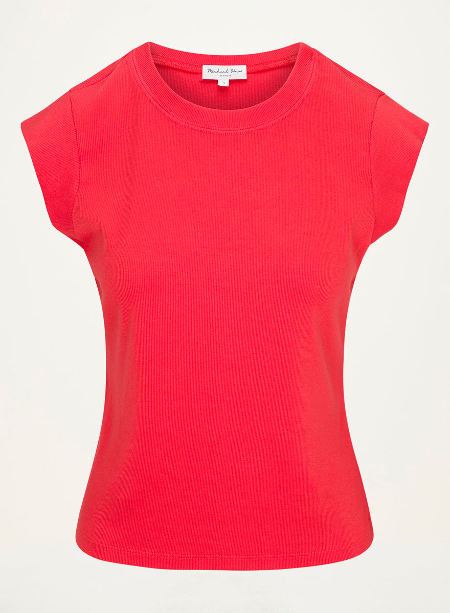 Rhea Power Shoulder Tee in SAMBA RED Close up View #SAMBA