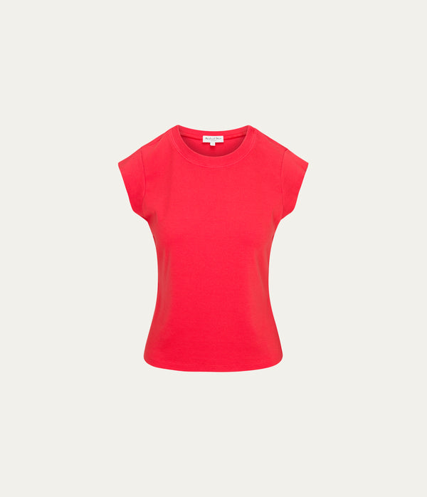 Rhea Power Shoulder Tee in SAMBA RED Close up View #SAMBA