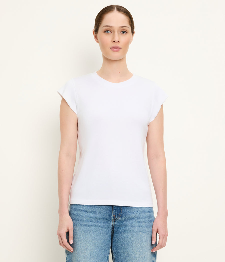 Rhea Power Shoulder Tee in White Full Body View #WHITE