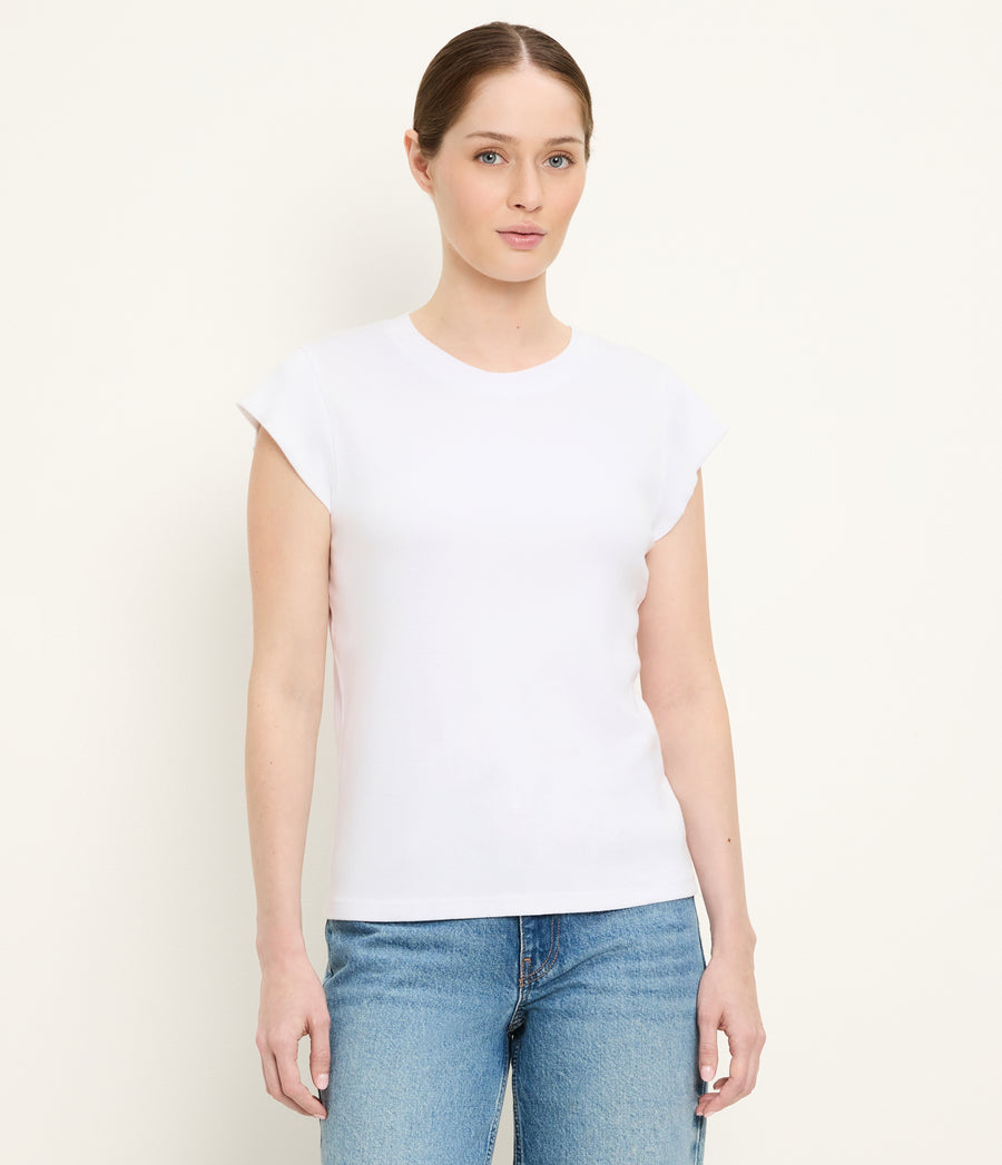 Rhea Power Shoulder Tee in White Full Body View #WHITE