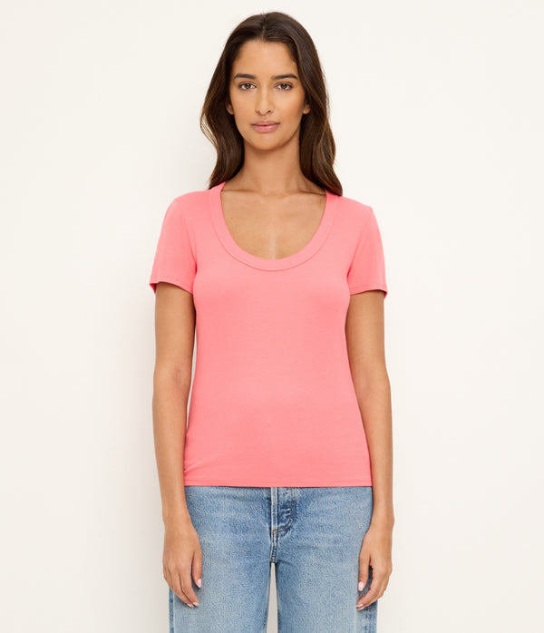 Calla Scoop Neck Tee in CORAL SHERBET PINK Full Body View #CORAL SHERBET