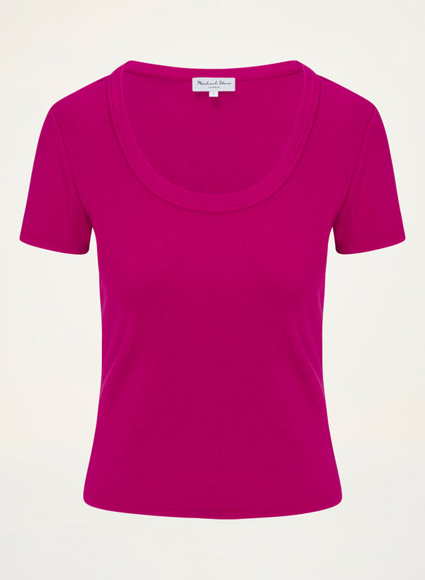 Calla Scoop Neck Tee in FRENCH ROSE RED Close Up View  #FRENCH ROSE