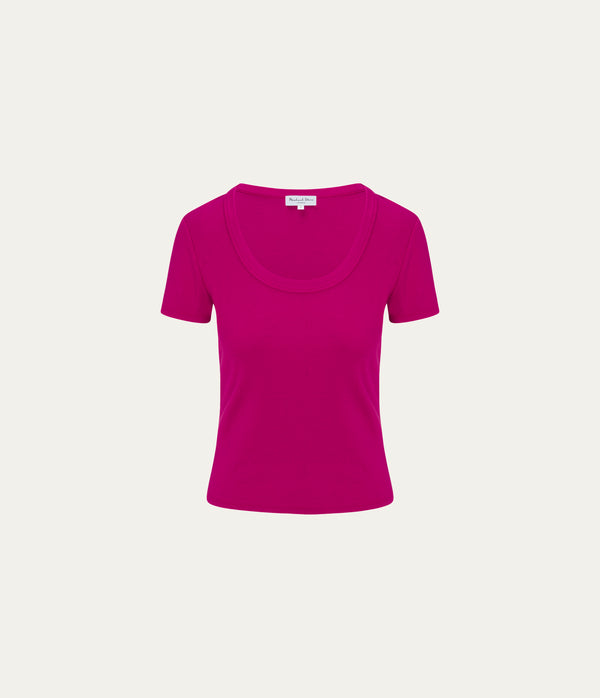 Calla Scoop Neck Tee in FRENCH ROSE RED Close Up View  #FRENCH ROSE