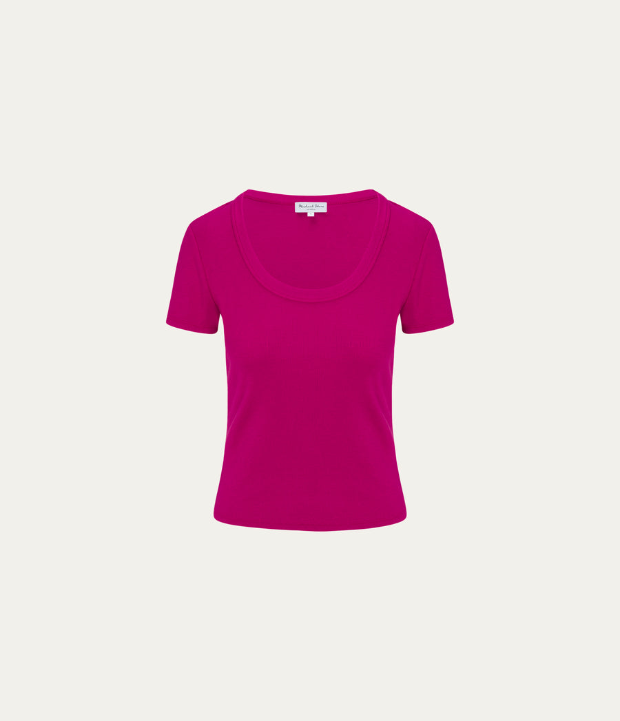 Calla Scoop Neck Tee in FRENCH ROSE RED Close Up View  #FRENCH ROSE