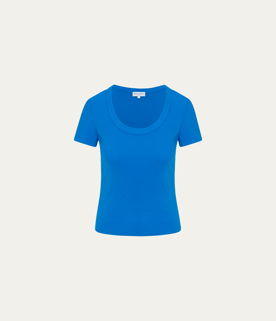 Calla Scoop Neck Tee in PACIFIC BLUE Close up View #PACIFIC