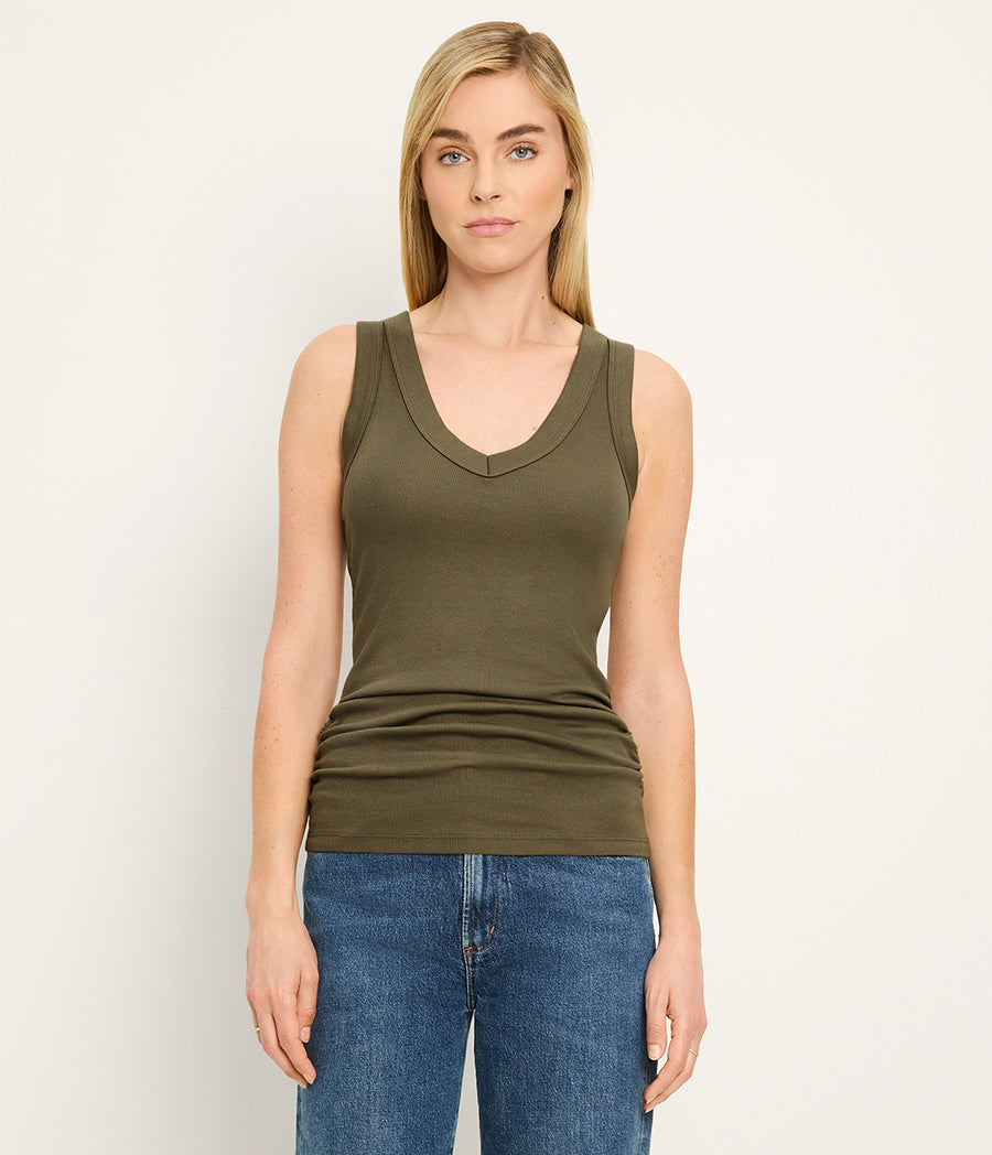 Blanche Ribbed Tank in CAPER Green Full Body View #CAPER