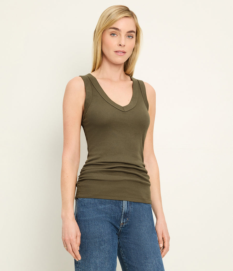 Blanche Ribbed Tank in CAPER  Green Side View #CAPER