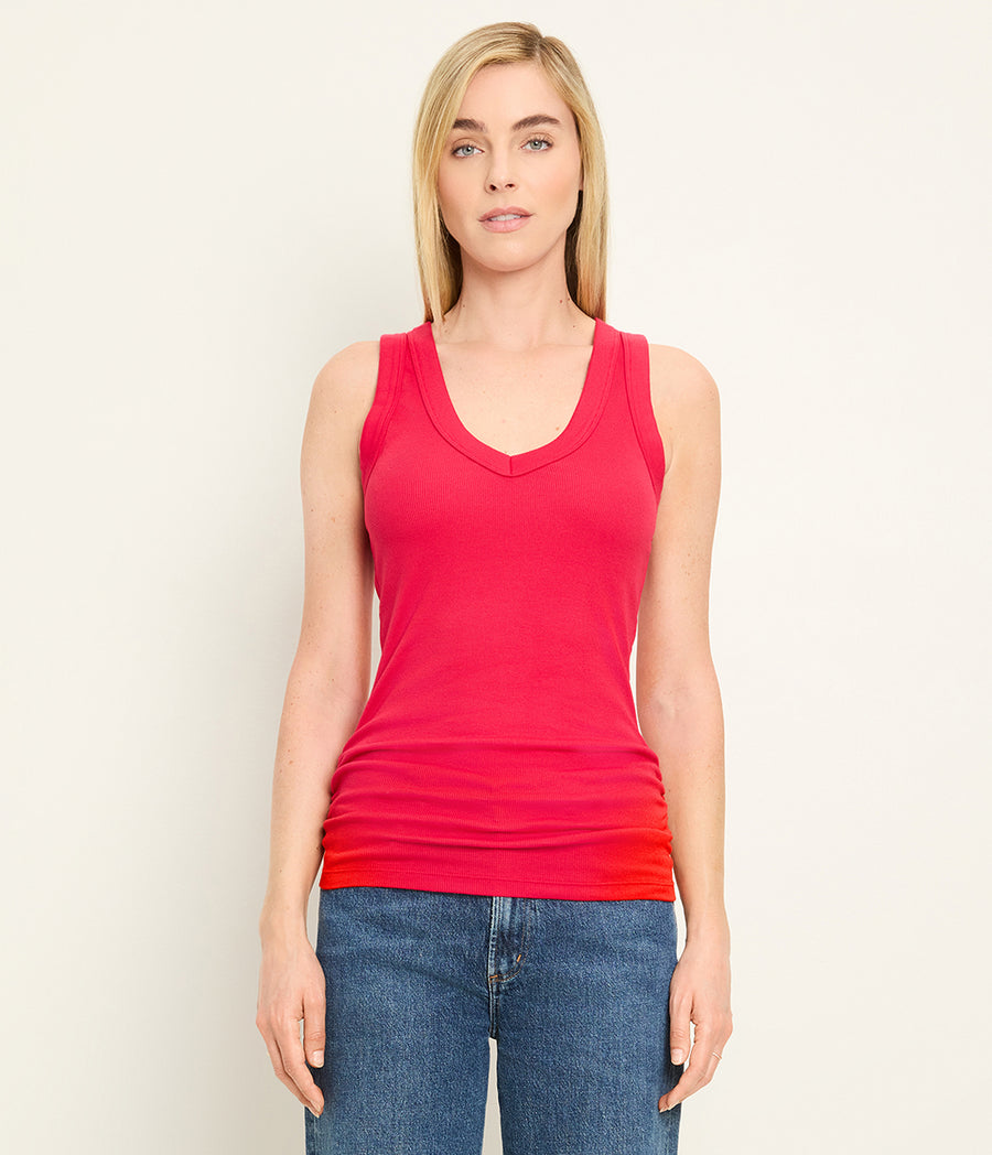 Blanche Ribbed Tank in LACQUER RED Close up View #LACQUER