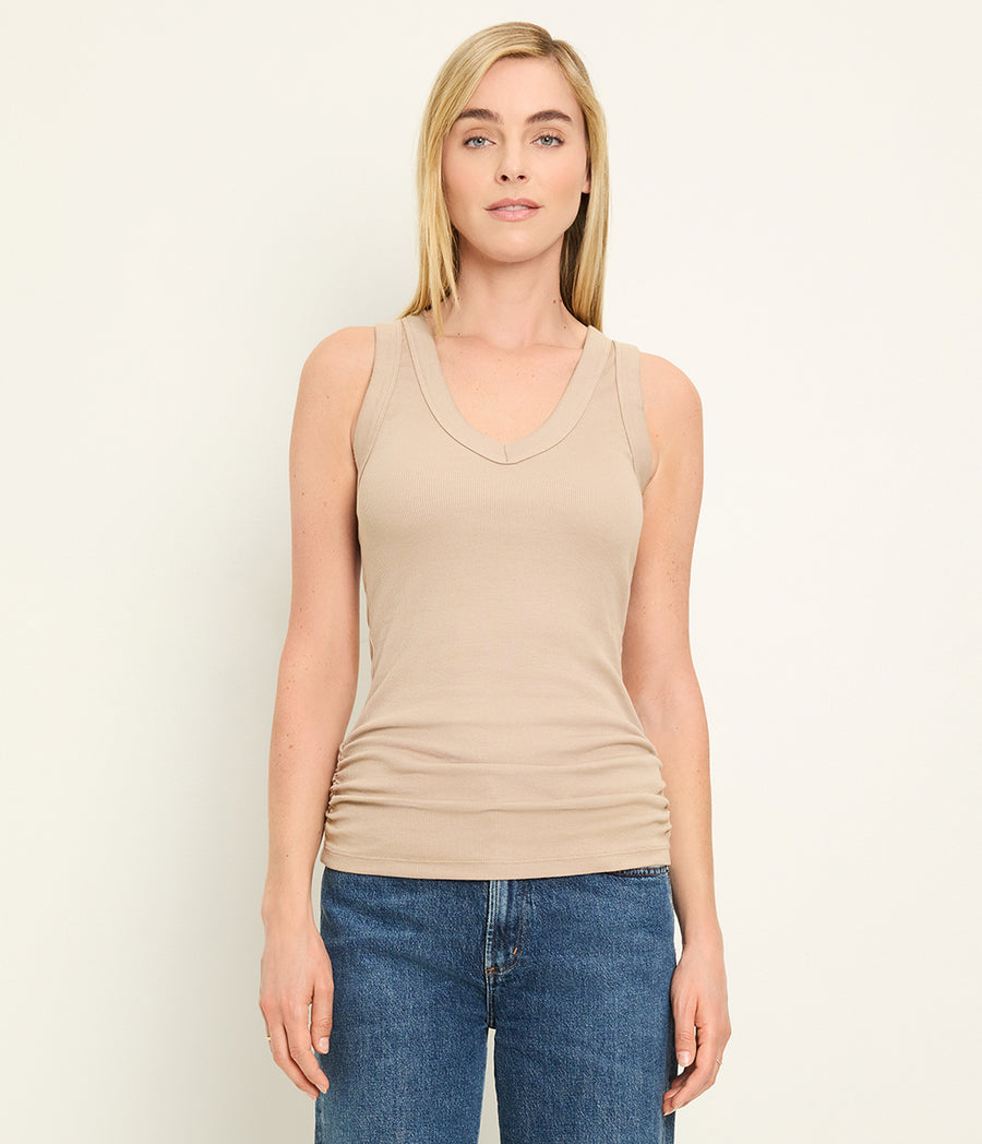 Blanche Ribbed Tank in  MACADAMIA Beige Full Body View #MACADAMIA
